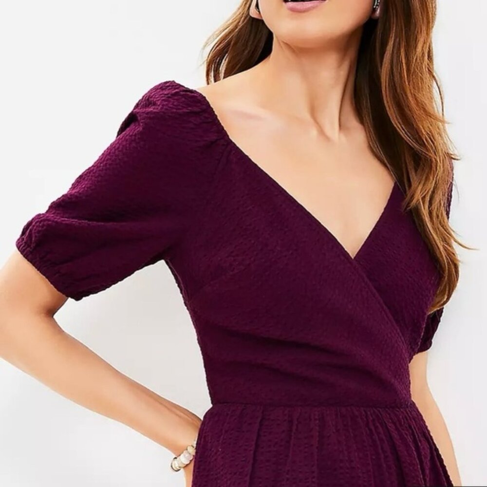 NWT LOFT Crinkle Flounce Puff Sleeve Wrap Dress - Picture 2 of 5